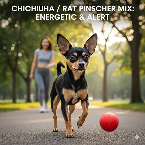 Chihuahua lai Phốc chuột đang chơi bóng ngoài công viên, dáng nhỏ gọn, tai dựng và ánh mắt lanh lợi đặc trưng.
