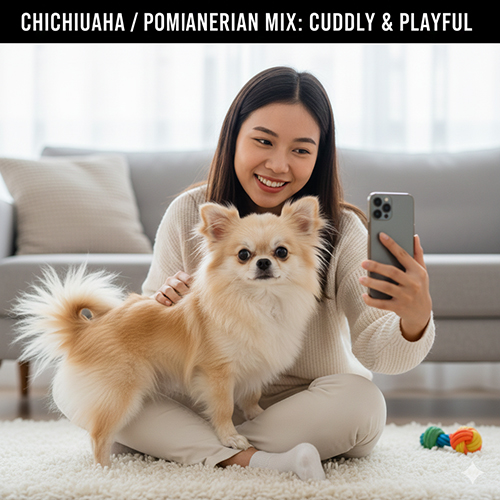 Chihuahua lai Phốc Sóc với bộ lông xù mềm, mặt tròn dễ thương đang ngồi trong lòng cô chủ – đúng kiểu “gấu bông mini”.