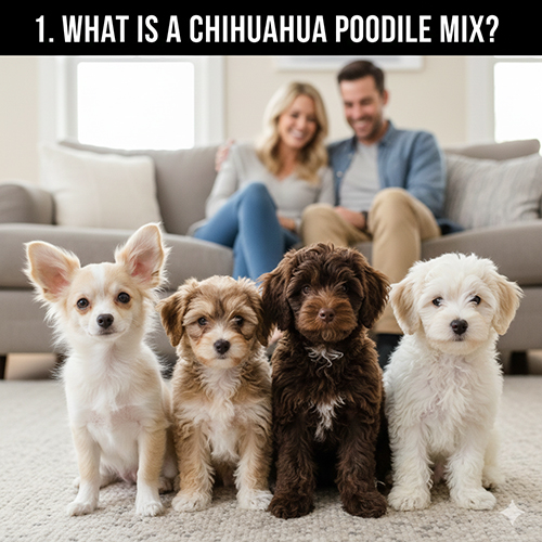 Bốn bé chó con Chihuahua lai Poodle với màu lông khác nhau ngồi trên sàn phòng khách, nhìn thẳng vào ống kính, phía sau là cặp đôi đang ngồi trên sofa.