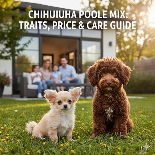 Hai bé chó Chihuahua lai Poodle đứng trên bãi cỏ trước sân nhà, một bé lông dài màu kem và một bé lông xoăn nâu đỏ, bố cục rõ nét dùng cho bài viết về tính cách, giá và cách chăm sóc.