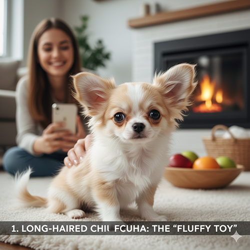 Chó Chihuahua lông dài con với bộ lông mềm bồng bềnh nhìn như gấu bông