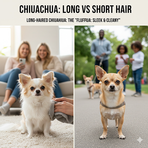 Chó Chihuahua lông dài và Chihuahua lông ngắn đứng cạnh nhau để so sánh ngoại hình