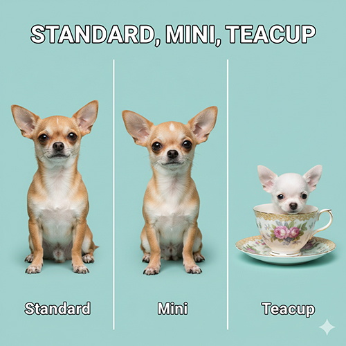 Hình ảnh so sánh Chihuahua tiêu chuẩn, Chihuahua mini và Chihuahua teacup trên nền xanh