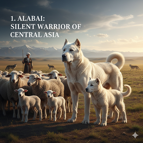 Chó Alabai trưởng thành đứng bảo vệ đàn cừu trên thảo nguyên Trung Á