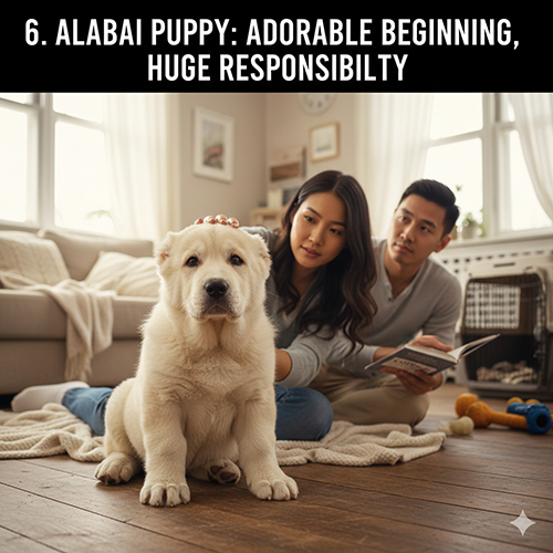 Chó Alabai con ngồi trong phòng khách cùng gia đình trẻ