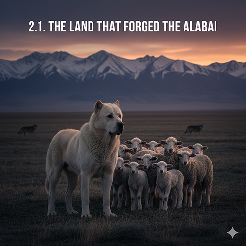 Chó Alabai đứng canh đàn cừu trên thảo nguyên Trung Á trước dãy núi tuyết