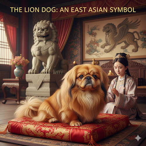 chó Bắc Kinh Pekingese dáng chó sư tử với bờm lông dày trong không gian cung đình Á Đông