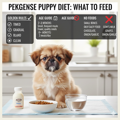 Chó Bắc Kinh con ngồi trước bát thức ăn và nước trong bếp