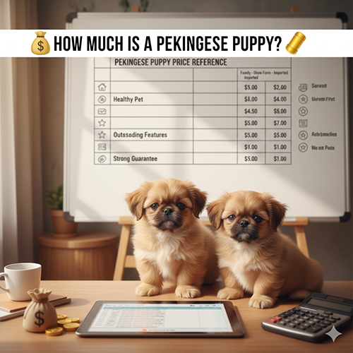 Chó Bắc Kinh con ngồi cạnh bảng giá tham chiếu và dụng cụ tính toán