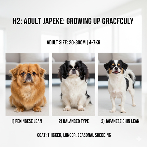 Chó Bắc Kinh lai Nhật Japeke trưởng thành với các kiểu form khác nhau