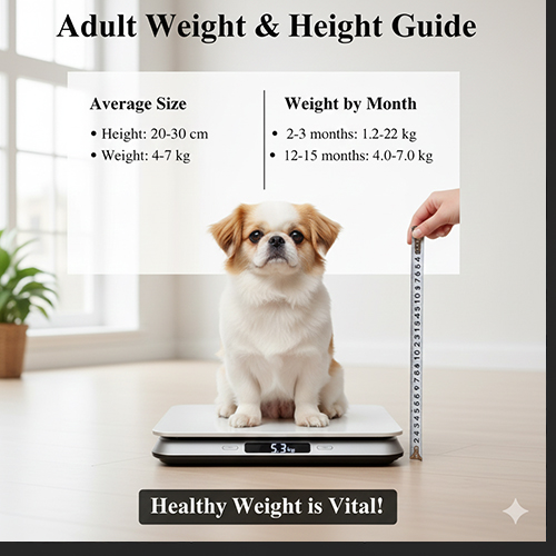 Chó Bắc Kinh lai Nhật trưởng thành được cân và đo chiều cao với kích thước nhỏ gọn