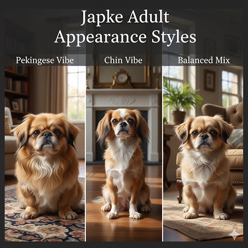 Ba kiểu ngoại hình chó Bắc Kinh lai Nhật khi trưởng thành: thiên Bắc Kinh, thiên Japanese Chin và trung hòa