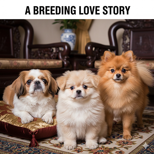 Chó Bắc Kinh lai Phốc Sóc đứng cùng chó bố mẹ trong không gian mang phong cách truyền thống