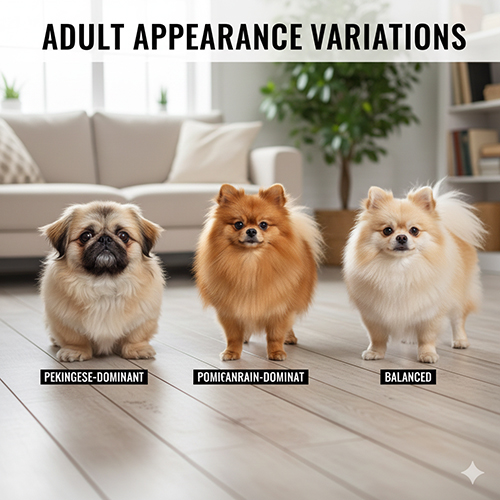 Ba kiểu ngoại hình chó Bắc Kinh lai Phốc Sóc trưởng thành gồm nghiêng Bắc Kinh, nghiêng Phốc Sóc và cân bằng