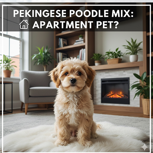 Chó Bắc Kinh lai Poodle ngồi trong căn hộ, ngoại hình nhỏ nhắn dễ thương