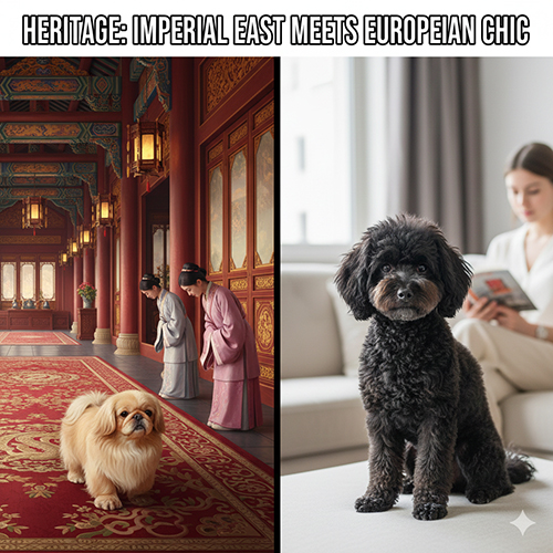 Chó Bắc Kinh trong bối cảnh cung đình và chó Poodle trong không gian hiện đại