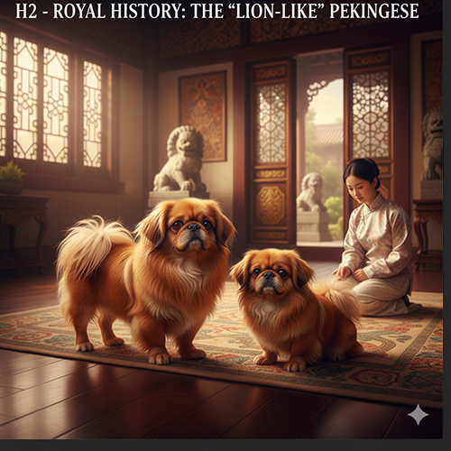 Chó Bắc Kinh hoàng gia với thần thái sư tử trong cung điện Trung Hoa