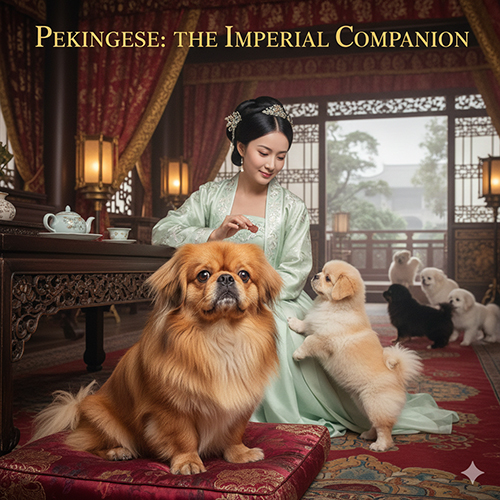 chó Bắc Kinh Pekingese trưởng thành và chó con trong không gian cung đình Trung Quốc cổ