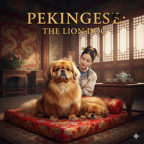 chó Bắc Kinh Pekingese dáng sư tử hoàng gia lông xù ngồi trong không gian cung đình