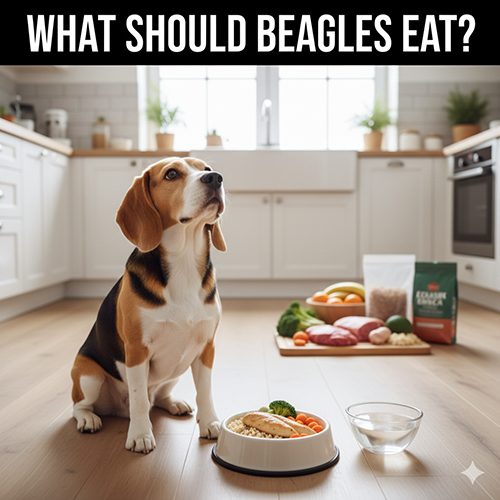 Chó Beagle ngồi trước bát thức ăn lành mạnh trong bếp, minh họa chế độ ăn khoa học cho Beagle