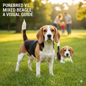 Chó Beagle thuần chủng đứng phía trước và Beagle lai phía sau trong công viên, minh họa cách phân biệt Beagle thuần và lai