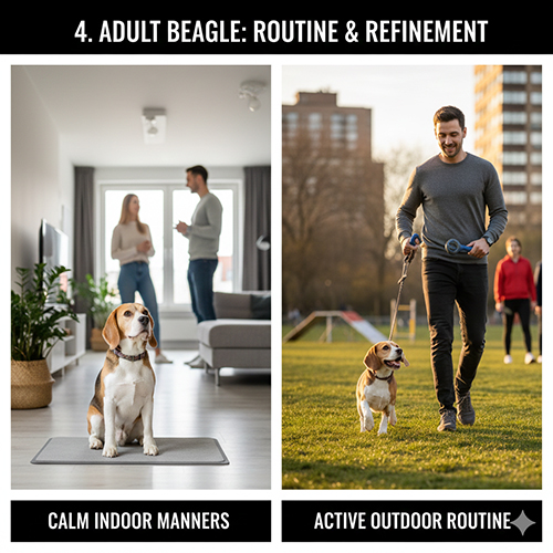 Chó Beagle trưởng thành ngoan ngoãn trong nhà và vận động đều đặn ngoài trời cùng chủ