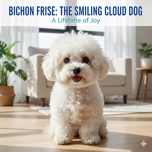 Chó Bichon Frise trắng nhỏ xinh, vui vẻ và tình cảm đang ngồi trong phòng khách sáng đẹp