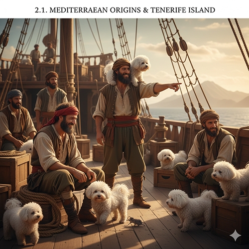 Nguồn gốc Bichon Frise từ Địa Trung Hải và đảo Tenerife với hình ảnh các thủy thủ và đàn chó nhỏ trên boong tàu