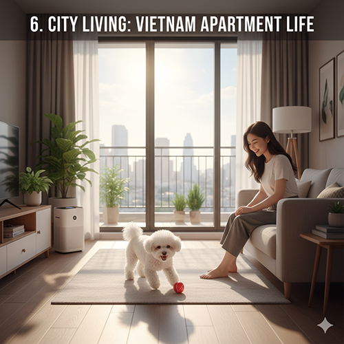 Chó Bichon Frise sống trong căn hộ chung cư Việt Nam