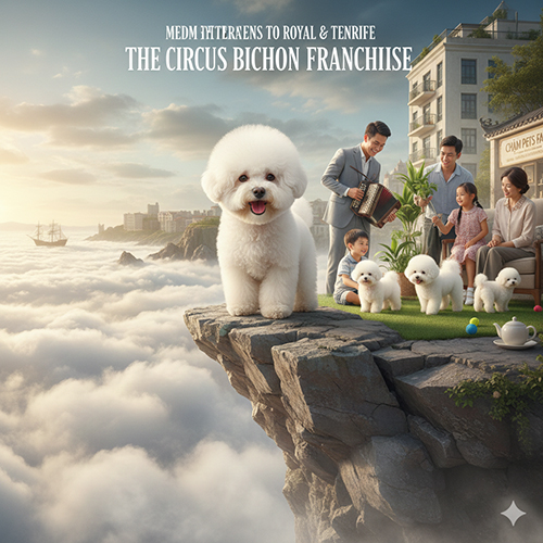 Chó Bichon Frise trắng nhỏ xinh đứng trên mỏm đá cùng gia đình và đàn cún con