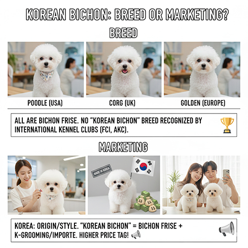 Bảng so sánh Bichon các dòng khác nhau và hình ảnh gia đình chụp cùng chó Bichon theo style Hàn, cho thấy “Bichon Hàn Quốc” là cách gọi mang tính marketing