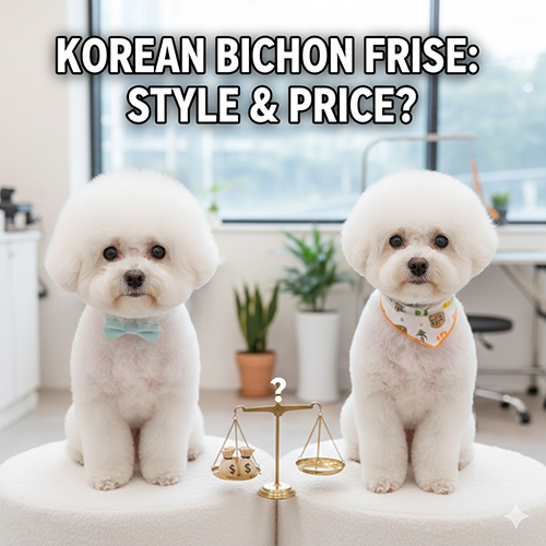 Hai chó Bichon Hàn Quốc cắt lông kiểu bông xù ngồi trên ghế, phía trước là cân vàng tượng trưng cho sự so sánh về style và giá