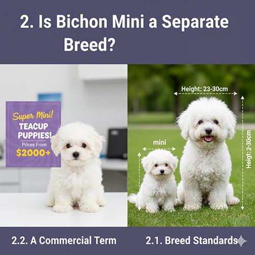 So sánh Bichon chuẩn và Bichon mini, minh họa tiêu chuẩn giống và thuật ngữ thương mại teacup