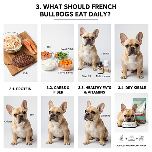 Hình minh họa các nhóm thực phẩm Bull Pháp nên ăn mỗi ngày: thịt, tinh bột, chất béo tốt và hạt khô