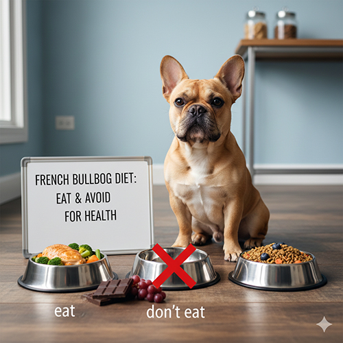 Chó Bull Pháp đứng cạnh các bát thức ăn với bảng hướng dẫn ăn và kiêng