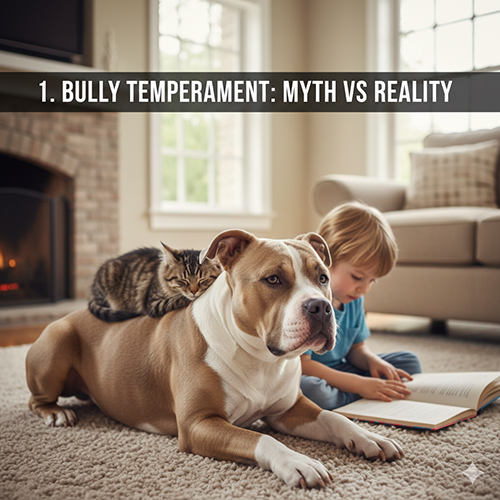 Chó Bully nằm cạnh trẻ nhỏ và mèo trong không gian gia đình, thể hiện tính cách hiền và ổn định