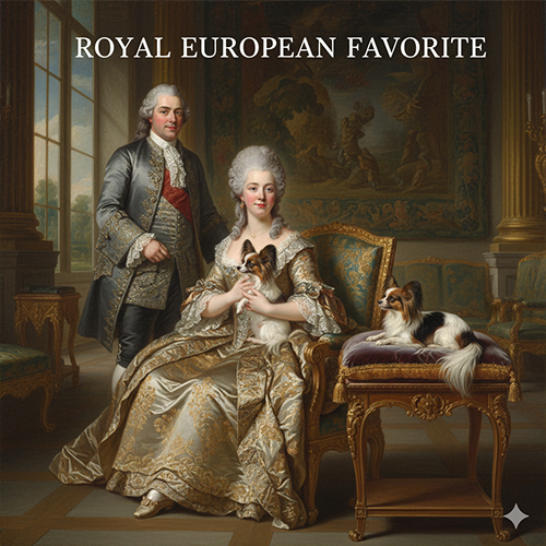 Chó Bướm Papillon xuất hiện trong bối cảnh hoàng gia châu Âu cổ điển