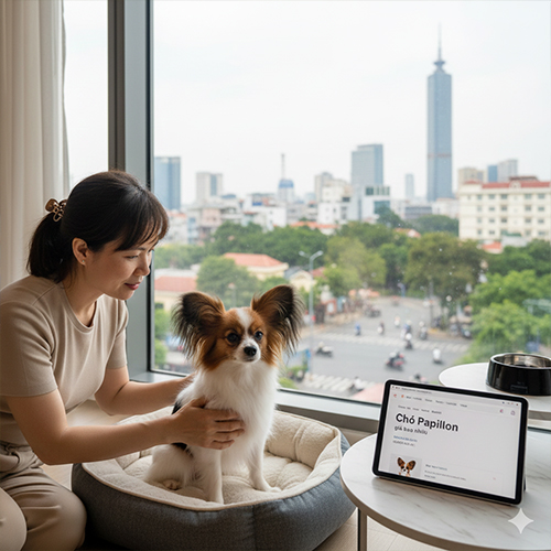 Chó Bướm Papillon được nuôi trong căn hộ tại Việt Nam, nhỏ gọn và quấn chủ