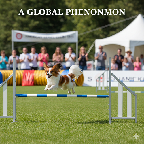Chó Bướm Papillon tham gia thi agility, nhảy rào linh hoạt và thông minh