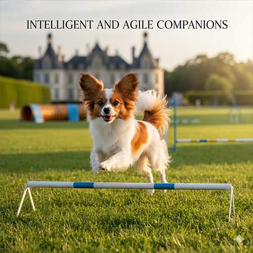 Chó Bướm Papillon đang nhảy agility, tai bướm dựng lớn, thân hình nhỏ nhắn linh hoạt