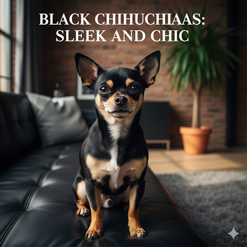 Một chú Chihuahua lông đen với điểm nâu và trắng nhẹ đang ngồi trên sofa trong phòng khách, biểu cảm tự tin và cá tính.