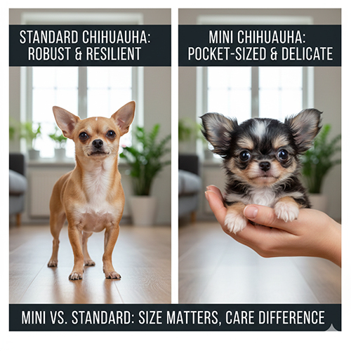 So sánh Chihuahua mini và Chihuahua tiêu chuẩn về kích thước, thể trạng và đặc điểm chăm sóc