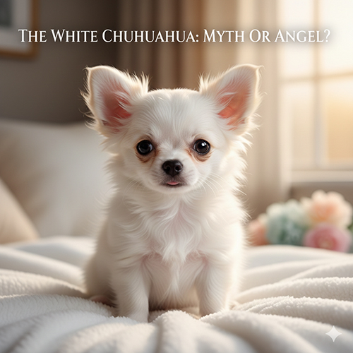 Một chú Chihuahua lông trắng đang ngồi trên giường trong ánh sáng dịu, gương mặt tròn xinh và đôi tai lớn nổi bật, thể hiện vẻ “thiên thần” của Chihuahua trắng.