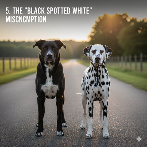 Chó đen vá trắng đứng cạnh chó Đốm Dalmatian trắng đốm đen trên con đường làng lúc hoàng hôn