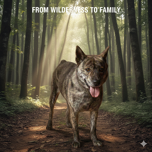 Ảnh chó Mông Cộc vện đứng giữa rừng, ánh sáng lọt qua tán cây tạo cảm giác gần gũi và trung thành.