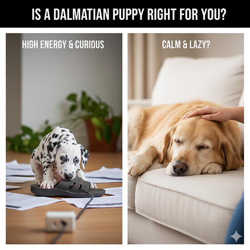 So sánh chó Đốm con năng động nghịch ngợm và chó trưởng thành nằm yên trên sofa