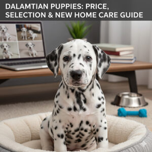 Chó Đốm con ngồi trên nệm, lông trắng đốm đen, phù hợp nuôi làm thú cưng gia đình