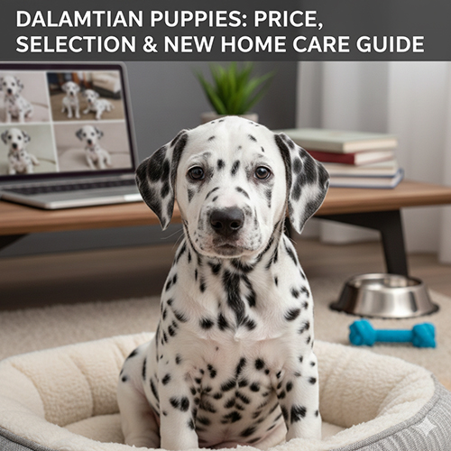 Chó Đốm con ngồi trên nệm, lông trắng đốm đen, phù hợp nuôi làm thú cưng gia đình