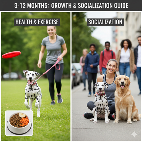 Chó Đốm từ 3 đến 12 tháng tuổi vận động ngoài trời và giao tiếp với người, chó khác