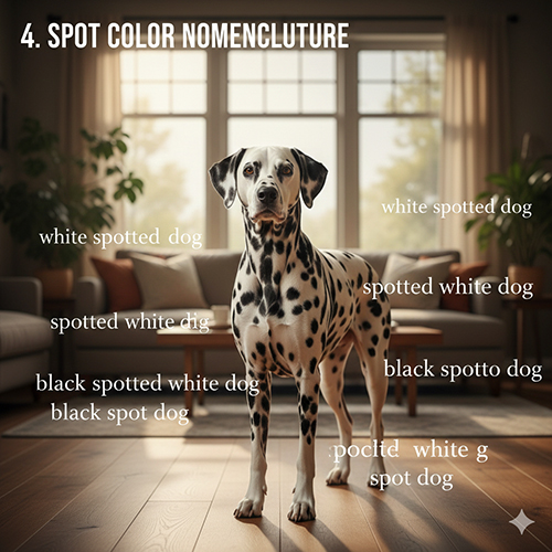 Chú chó Đốm đứng trong phòng khách với nhiều cụm tiếng Anh về cách gọi màu lông và đốm xuất hiện quanh thân
